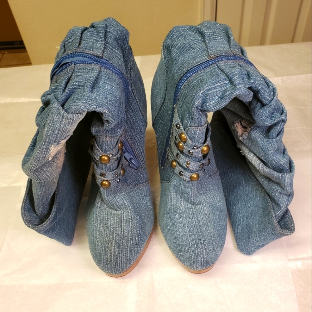 Denim High Heel Boots Size 7